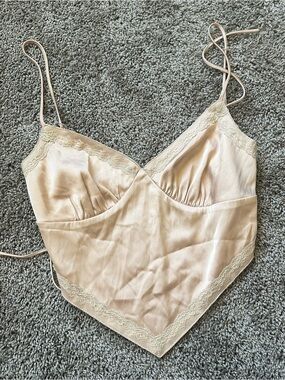 Cream Satin Lace-Trim V-Hem Cami Tank Top